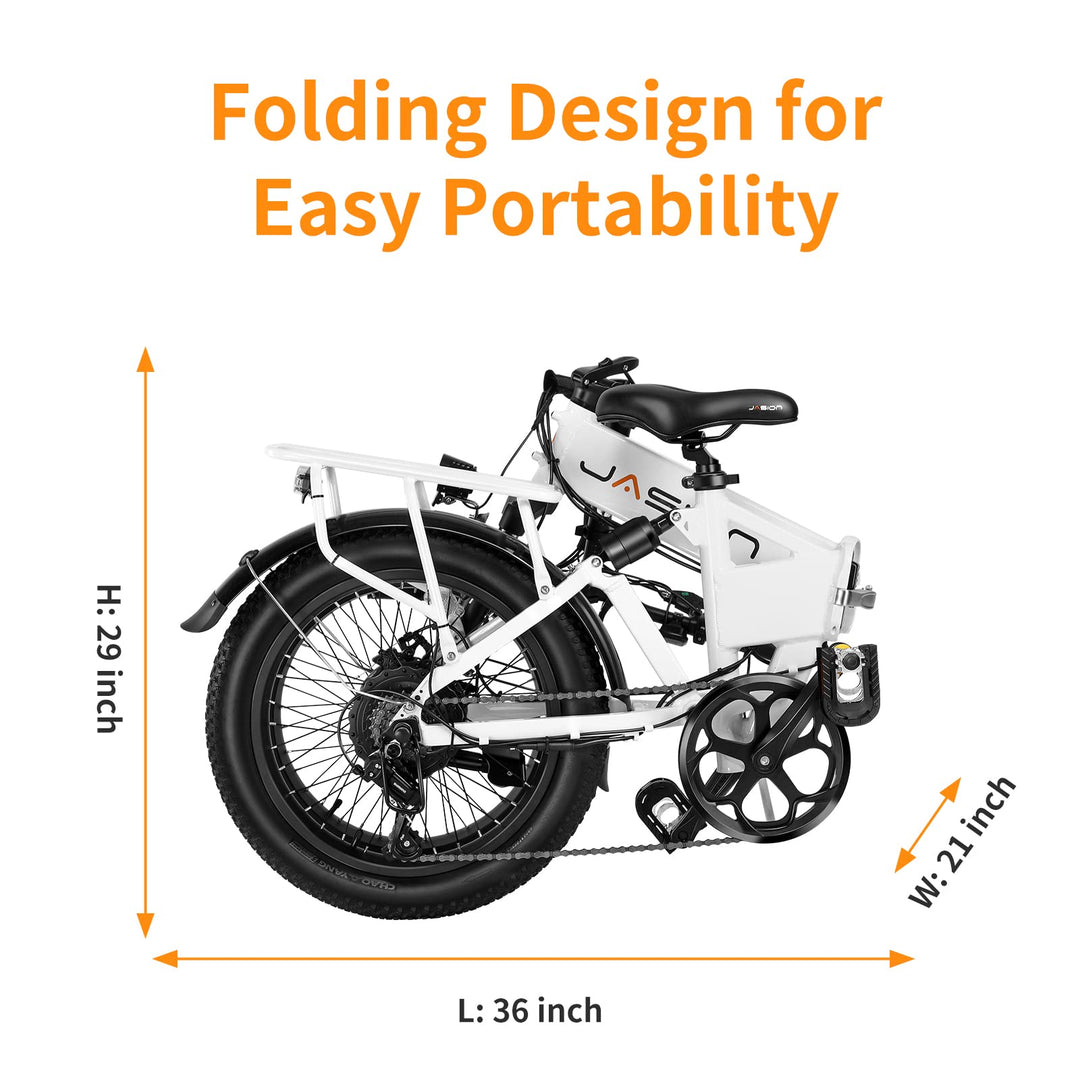 Vélos électriques pour adultes Jasion EB7 ST, vélo électrique pliable 45 km/h avec moteur de pointe de 1 200 W, autonomie de 88 km, batterie de 480 Wh, amortisseur, frein à disque, pneus 20" x 3.0 pour la plage et la neige.