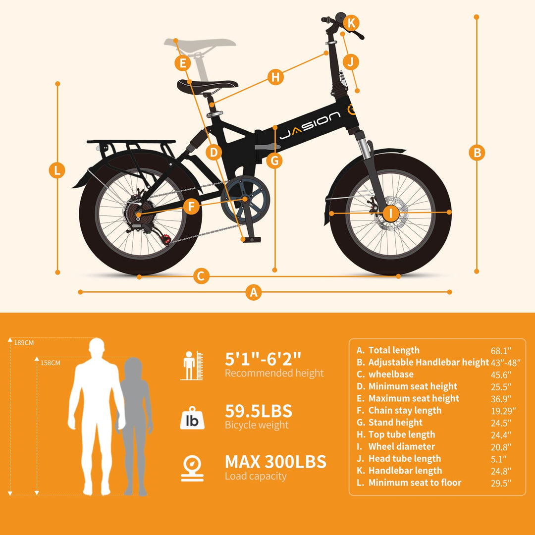 Vélos électriques pour adultes Jasion EB7 ST, vélo électrique pliable 45 km/h avec moteur de pointe de 1 200 W, autonomie de 88 km, batterie de 480 Wh, amortisseur, frein à disque, pneus 20" x 3.0 pour la plage et la neige.