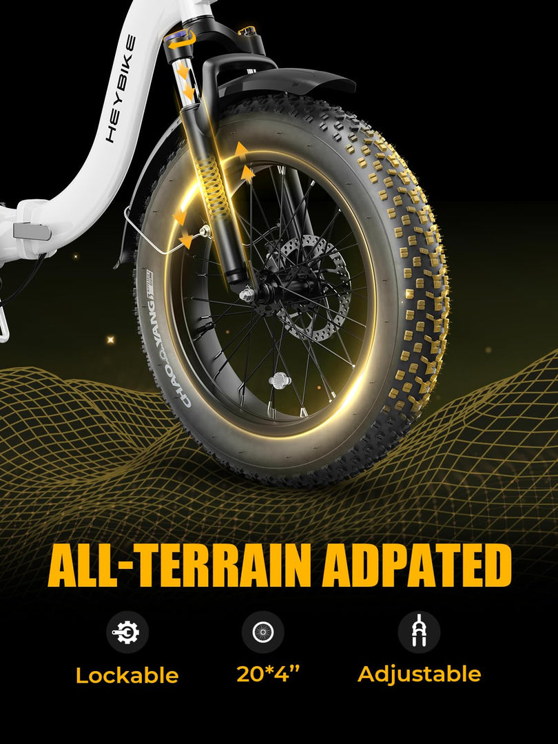 Vélo électrique Heybike Ranger 2.0 pour adultes, moteur amélioré de 1 400 W, 45 km/h [pneus larges de 20 pouces tout-terrain], batterie amovible de 600 Wh, vélo électrique pliable à suspension avant