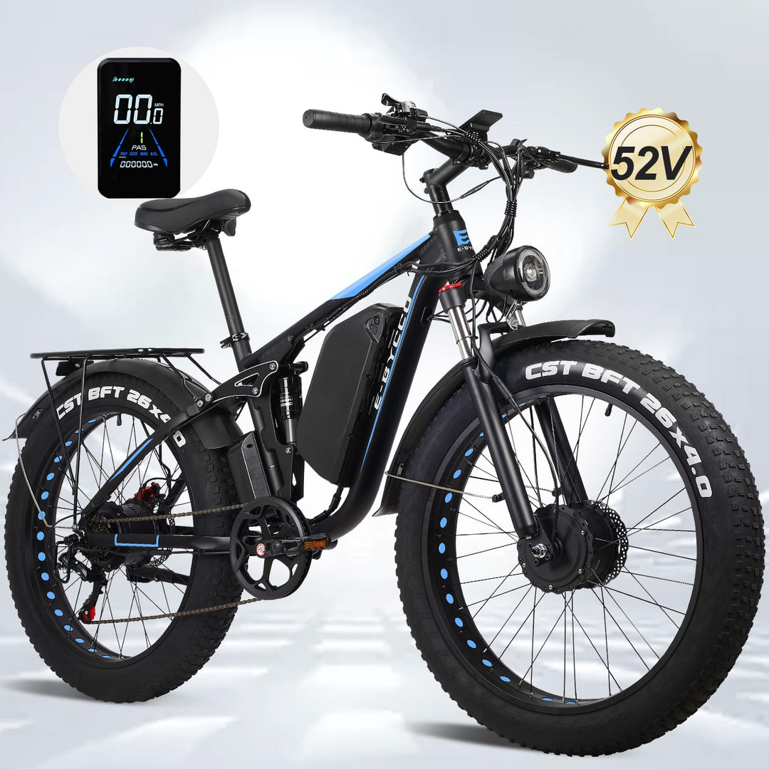 (26'' EB7 PRO, Bleu) Vélo électrique Peak 5000W à double moteur pour adultes, 52V 32AH, 90 miles et 45MPH E-Bike Fat Tire Vélos électriques tout suspendus, VTT 7 vitesses AWD, freins à disque hydrauliques
