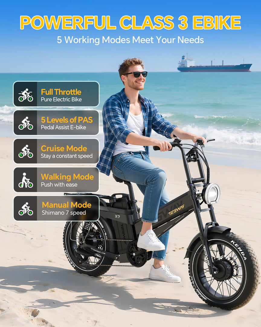 TESWAY Dual Motor Ebike 52V 3000W,Longest Range 200Miles 60AH Big Battery Electric Bike,Upgrade 4-Piston Hydraulic Brakes & Full Suspension, 20" Fat Tire 2 Seaters for Off-Road,Commute,Travel