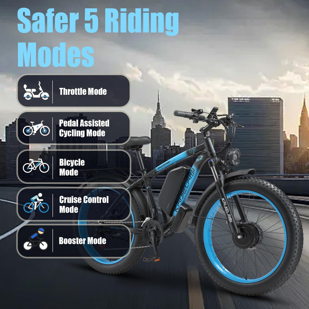 Vélo électrique tout-terrain AWD pour adultes, puissance maximale de 4 000 W, pneus larges de 26 pouces, double moteur, 55 km/h, batterie amovible 48 V 23 Ah, freins hydrauliques doubles rapides (V3, noir-vert)