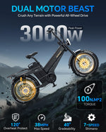 Load image into Gallery viewer, TESWAY Dual Motor Ebike 52V 3000W,Longest Range 200Miles 60AH Big Battery Electric Bike,Upgrade 4-Piston Hydraulic Brakes &amp; Full Suspension, 20&quot; Fat Tire 2 Seaters for Off-Road,Commute,Travel
