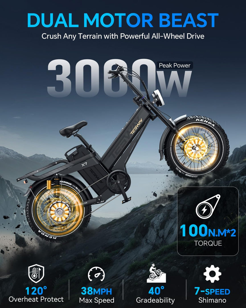 TESWAY Dual Motor Ebike 52V 3000W,Longest Range 200Miles 60AH Big Battery Electric Bike,Upgrade 4-Piston Hydraulic Brakes & Full Suspension, 20" Fat Tire 2 Seaters for Off-Road,Commute,Travel
