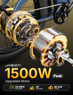 Charger l&#39;image dans la visionneuse de galerie, Vélo de montagne électrique Jasion Thunder, moteur de pointe de 1 500 W, batterie amovible 48 V 18 Ah, vitesse de plus de 48 km/h, contrôle par application, frein hydraulique, suspension avant, pneus larges 26&quot; x 4&quot;, bleu
