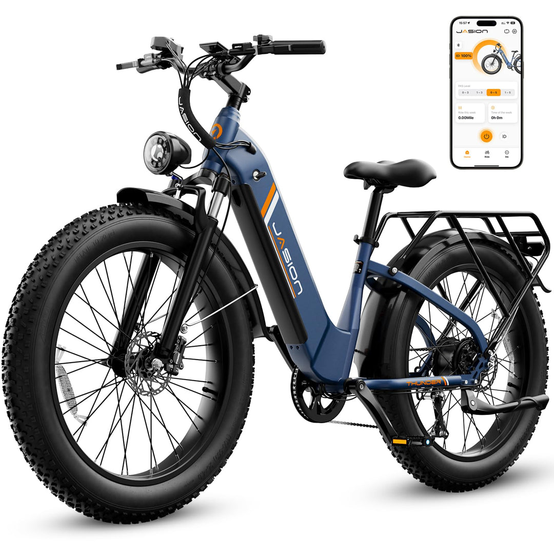 Vélo de montagne électrique Jasion Thunder, moteur de pointe de 1 500 W, batterie amovible 48 V 18 Ah, vitesse de plus de 48 km/h, contrôle par application, frein hydraulique, suspension avant, pneus larges 26" x 4", bleu