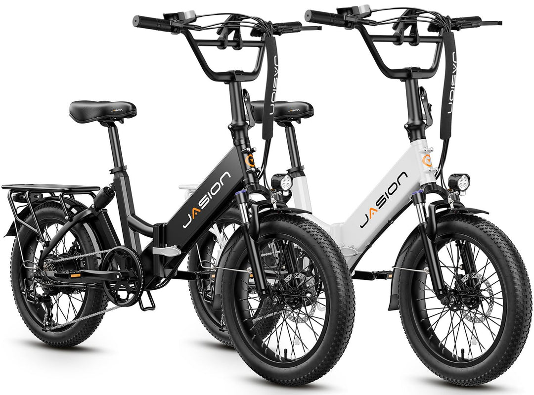 Vélos électriques pour adultes Jasion EB7 ST, vélo électrique pliable 45 km/h avec moteur de pointe de 1 200 W, autonomie de 88 km, batterie de 480 Wh, amortisseur, frein à disque, pneus 20" x 3.0 pour la plage et la neige.