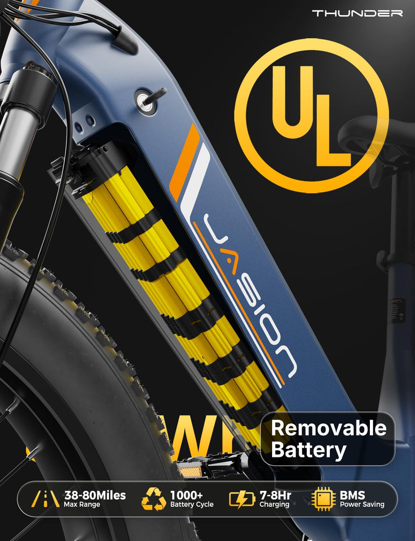 Vélo de montagne électrique Jasion Thunder, moteur de pointe de 1 500 W, batterie amovible 48 V 18 Ah, vitesse de plus de 48 km/h, contrôle par application, frein hydraulique, suspension avant, pneus larges 26" x 4", bleu