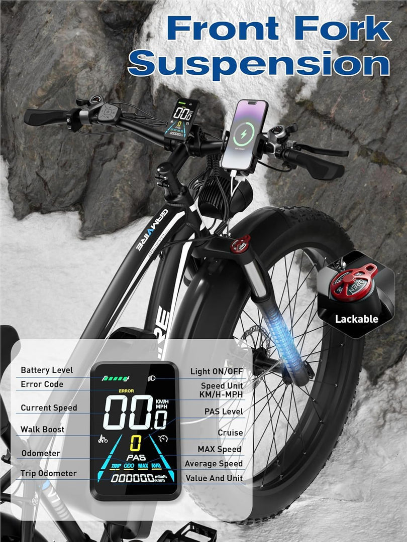Vélo électrique tout-terrain (26"-V7-Blanc-2000W) pour adultes, 2000W de puissance maximale, 2500W, batterie 52V 32AH, vitesse jusqu'à 64 km/h, 160 km, 21 vitesses, pneus larges avec suspension à fourche avant