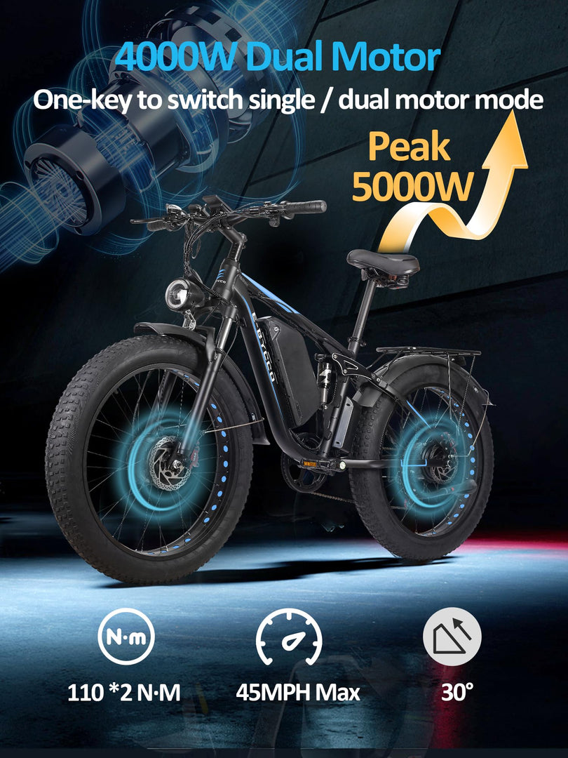 (26'' EB7 PRO, Bleu) Vélo électrique Peak 5000W à double moteur pour adultes, 52V 32AH, 90 miles et 45MPH E-Bike Fat Tire Vélos électriques tout suspendus, VTT 7 vitesses AWD, freins à disque hydrauliques