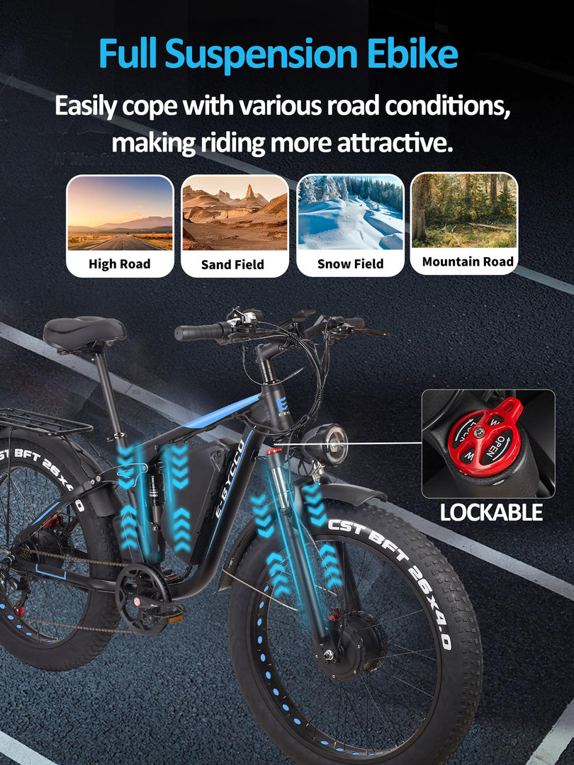 (26'' EB7 PRO, Bleu) Vélo électrique Peak 5000W à double moteur pour adultes, 52V 32AH, 90 miles et 45MPH E-Bike Fat Tire Vélos électriques tout suspendus, VTT 7 vitesses AWD, freins à disque hydrauliques