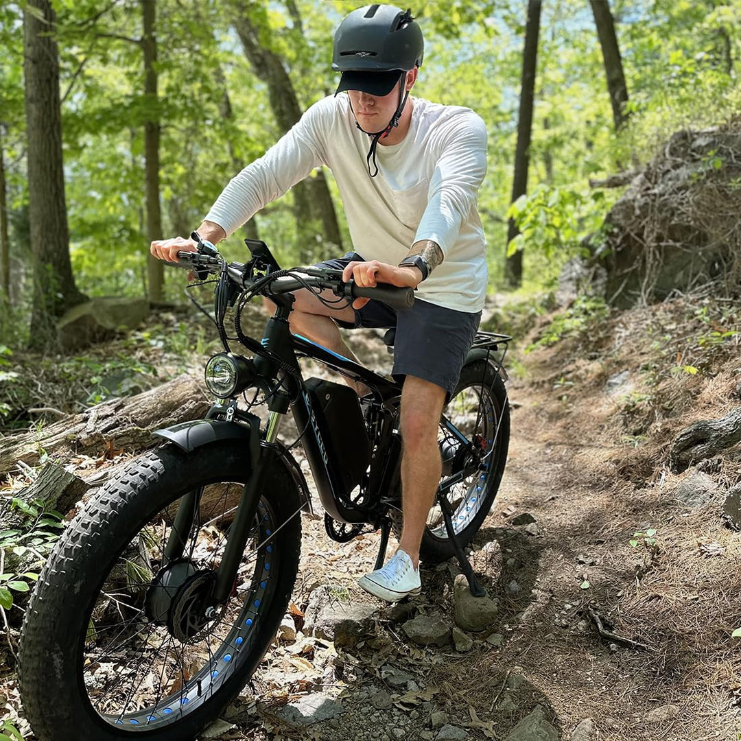 (26'' EB7 PRO, Bleu) Vélo électrique Peak 5000W à double moteur pour adultes, 52V 32AH, 90 miles et 45MPH E-Bike Fat Tire Vélos électriques tout suspendus, VTT 7 vitesses AWD, freins à disque hydrauliques