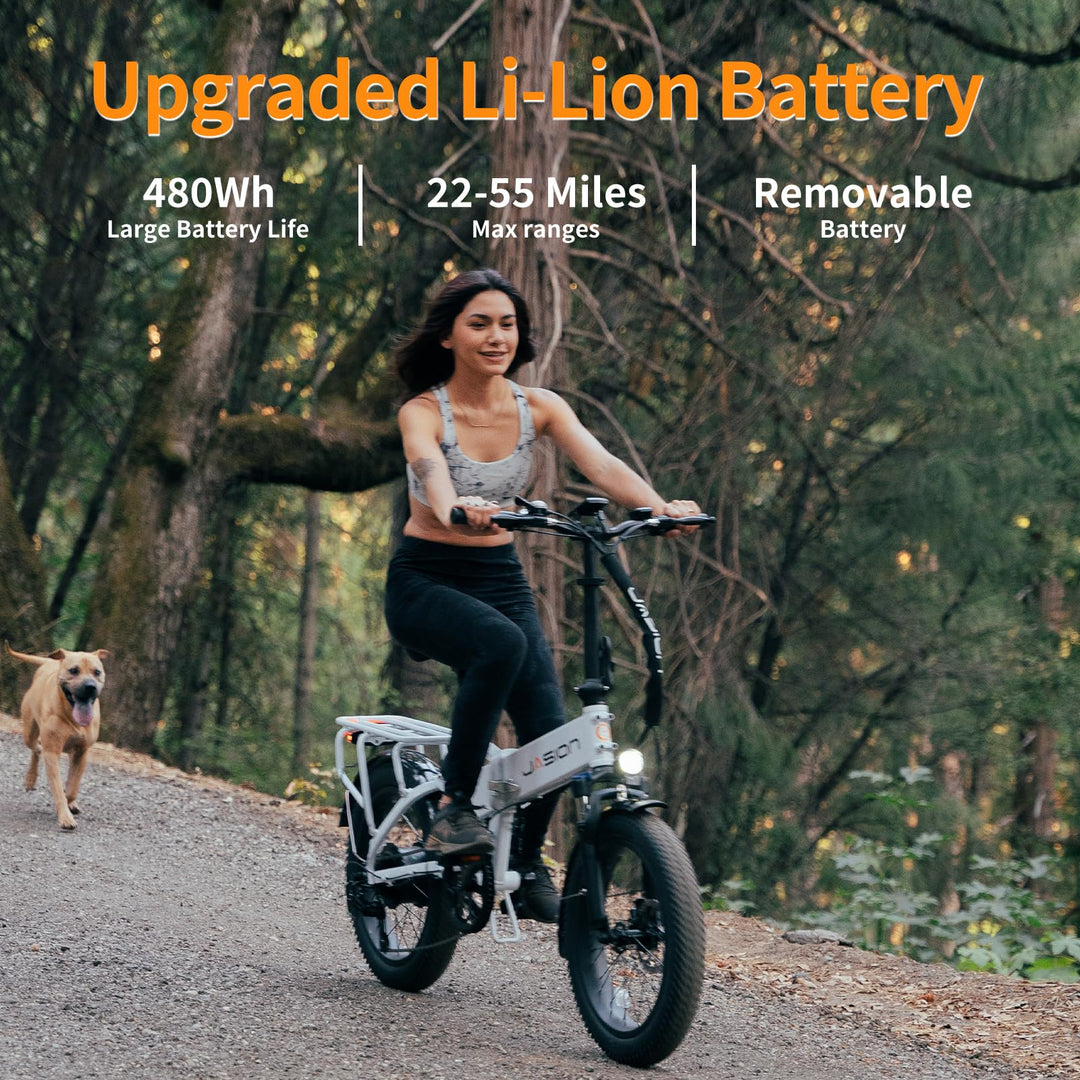 Vélos électriques pour adultes Jasion EB7 ST, vélo électrique pliable 45 km/h avec moteur de pointe de 1 200 W, autonomie de 88 km, batterie de 480 Wh, amortisseur, frein à disque, pneus 20" x 3.0 pour la plage et la neige.