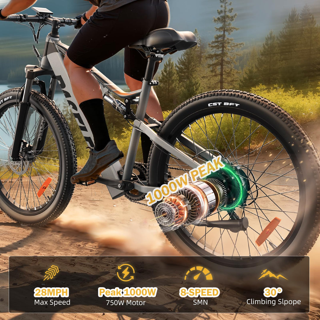 Vélo électrique PASELEC pour adultes avec moteur de pointe de 1 000 W, batterie de 768 Wh, autonomie maximale de 112 km et 45 km/h, VTT électrique tout suspendu de 27,5 pouces x 3,0 pouces, vélo de ville 8 vitesses avec frein à disque hydraulique