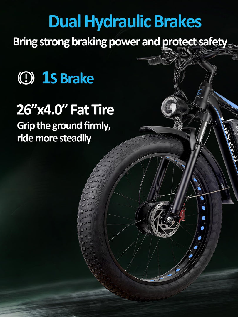 (26'' EB7 PRO, Bleu) Vélo électrique Peak 5000W à double moteur pour adultes, 52V 32AH, 90 miles et 45MPH E-Bike Fat Tire Vélos électriques tout suspendus, VTT 7 vitesses AWD, freins à disque hydrauliques